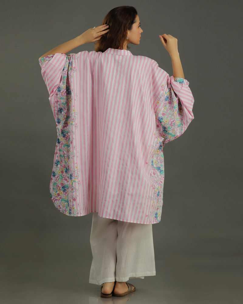 Bloom Balloon Oversized Cotton Shirt – Pink Stripes Print