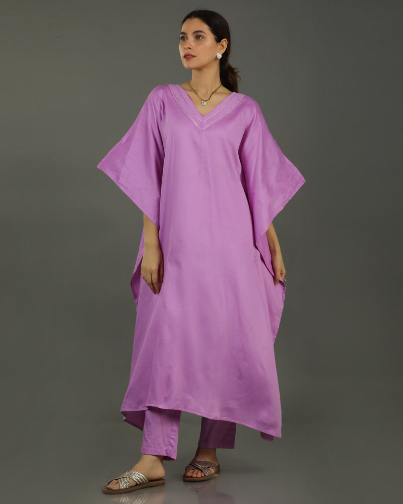 Noor Kaftan Satin Cotton Kurta Set – Deep Lavender