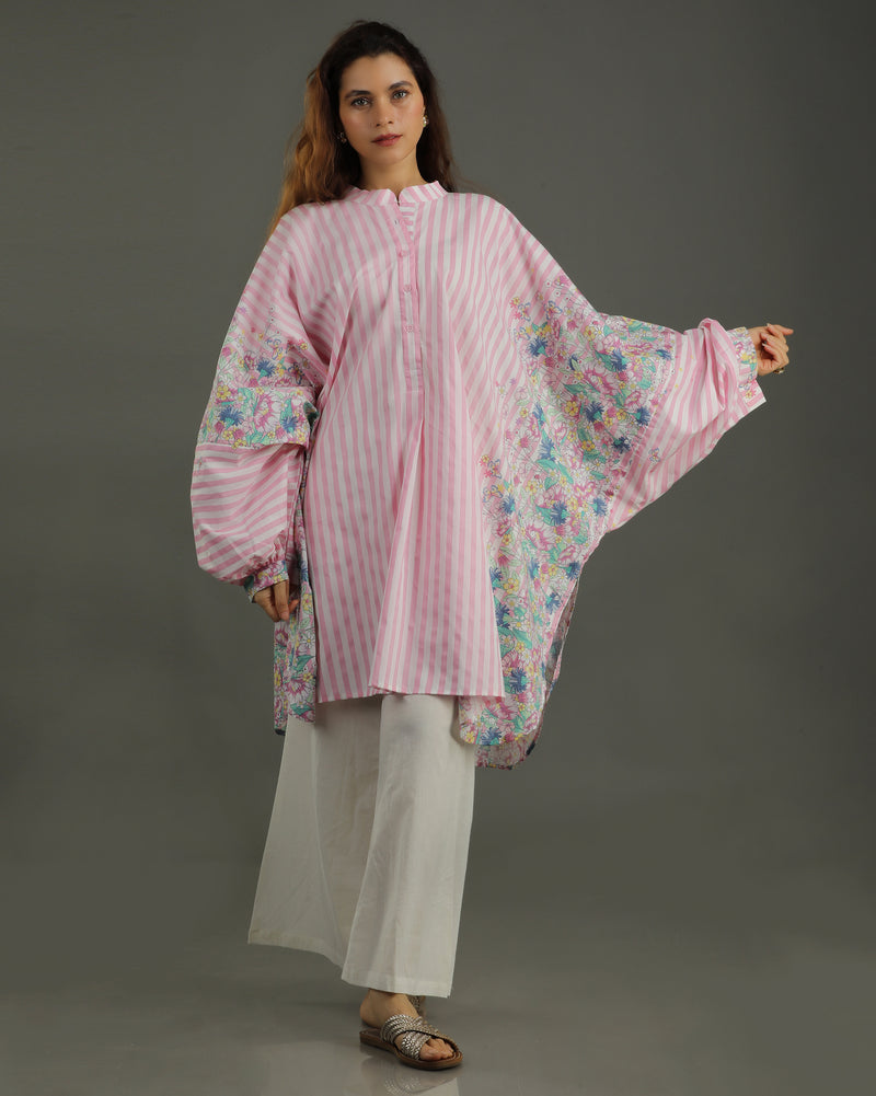Bloom Balloon Oversized Cotton Shirt – Pink Stripes Print