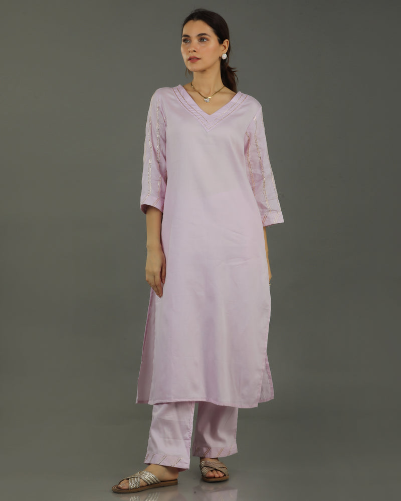 Noor Straight Satin Cotton Kurta Set – Soft Lavender
