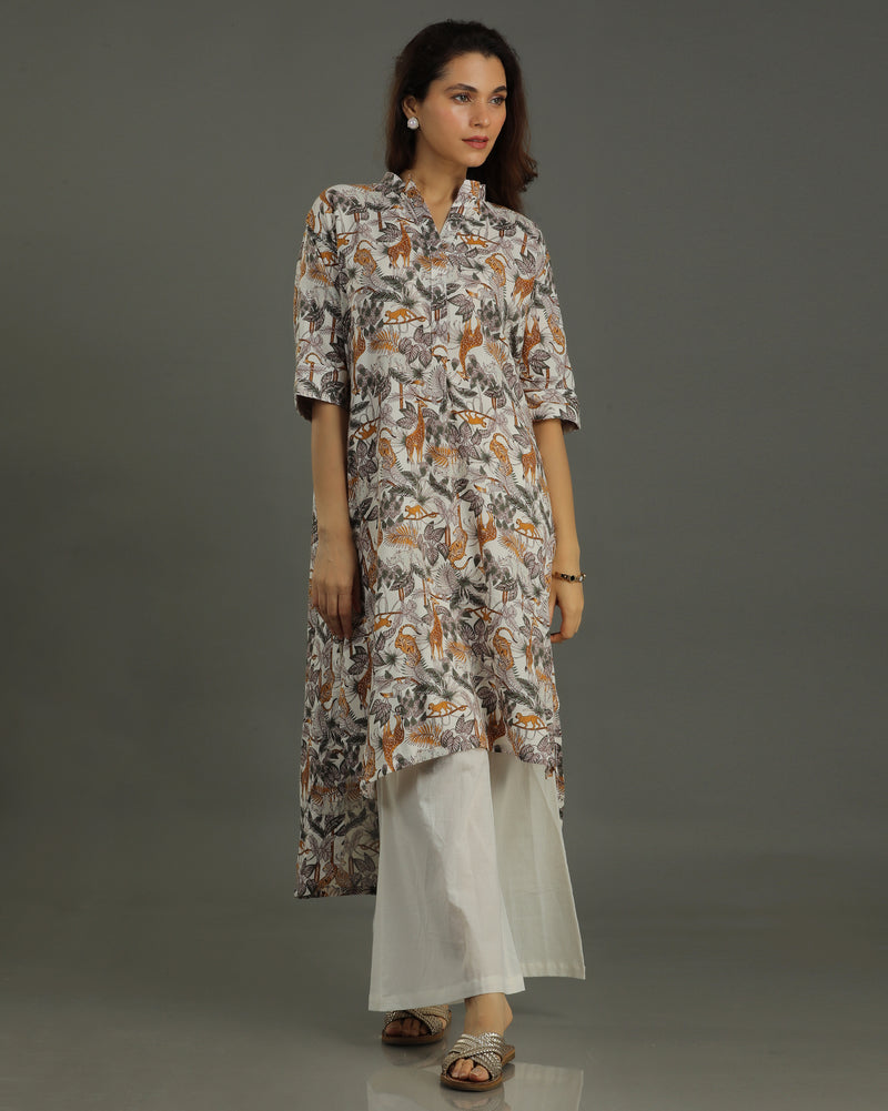 Safari High-Low Cotton Kurta – Off-White Print