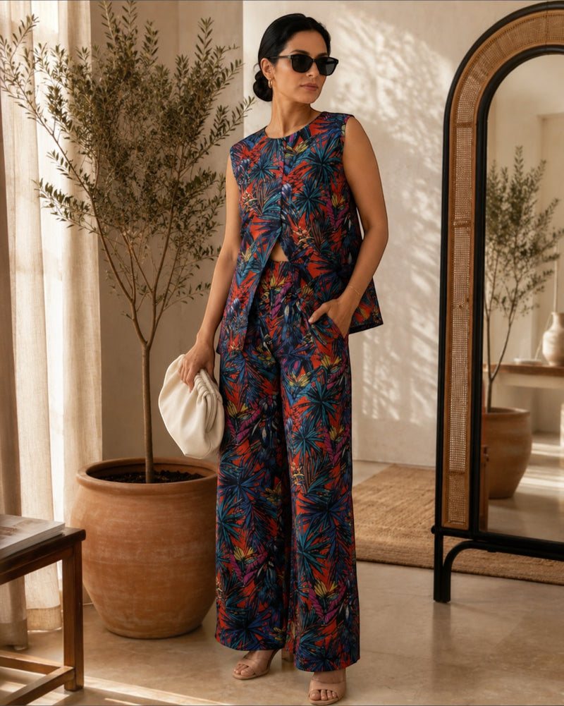 Sunset Short Front Slit Sleeveless Cotton Coord Set – Multicolor Print