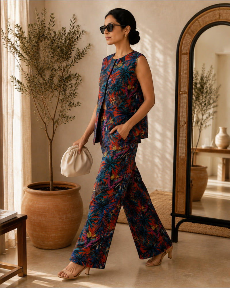 Sunset Short Front Slit Sleeveless Cotton Coord Set – Multicolor Print