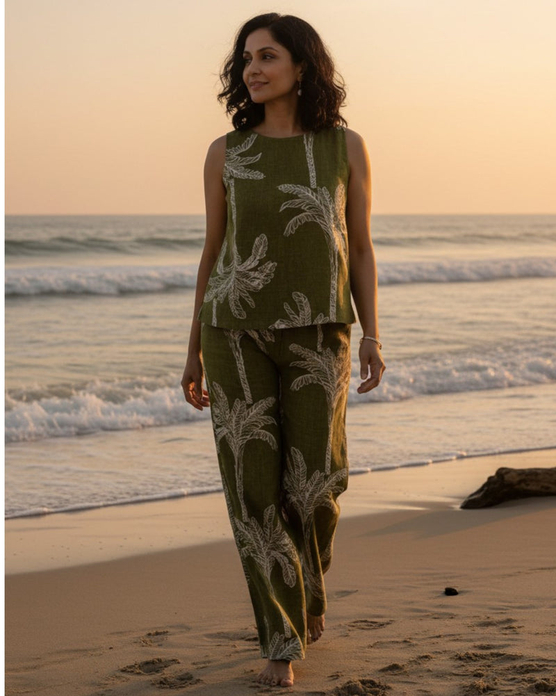 Palm Short Sleeveless Cotton Coord Set - Olive Print