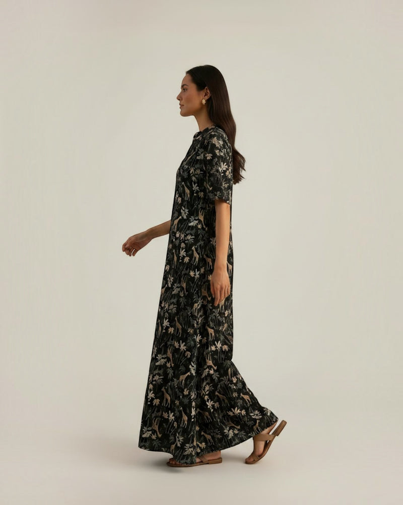 Reverie Long Length Cotton Dress – Black Print