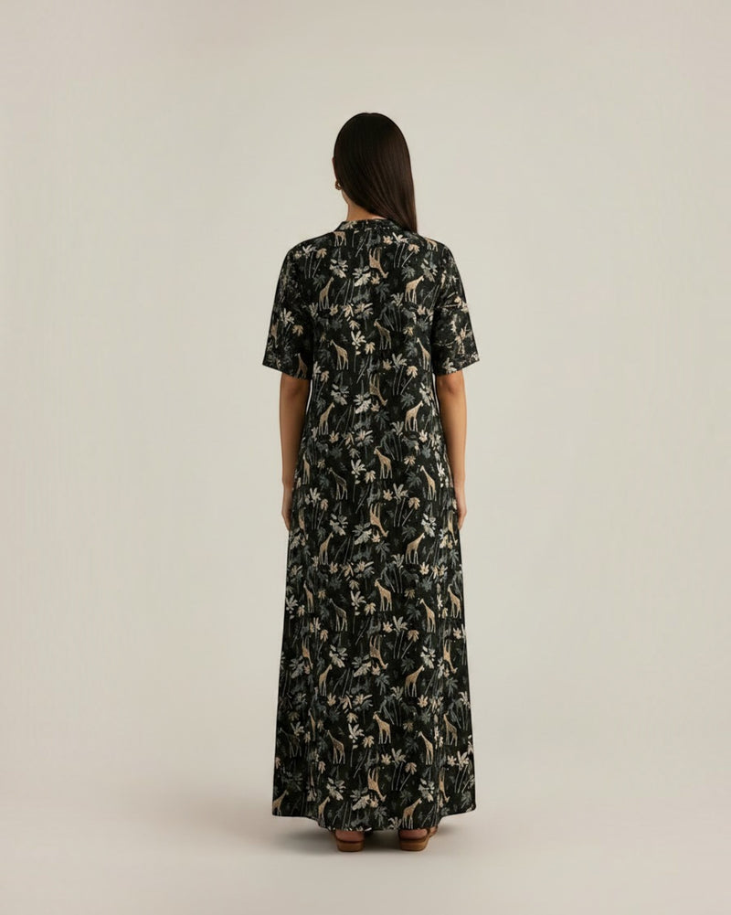 Reverie Long Length Cotton Dress – Black Print