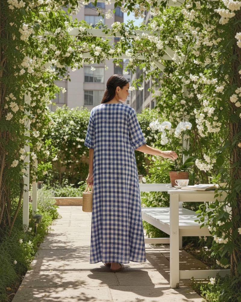 Gingham Long A-line Cotton Dress – Indigo Checks Print