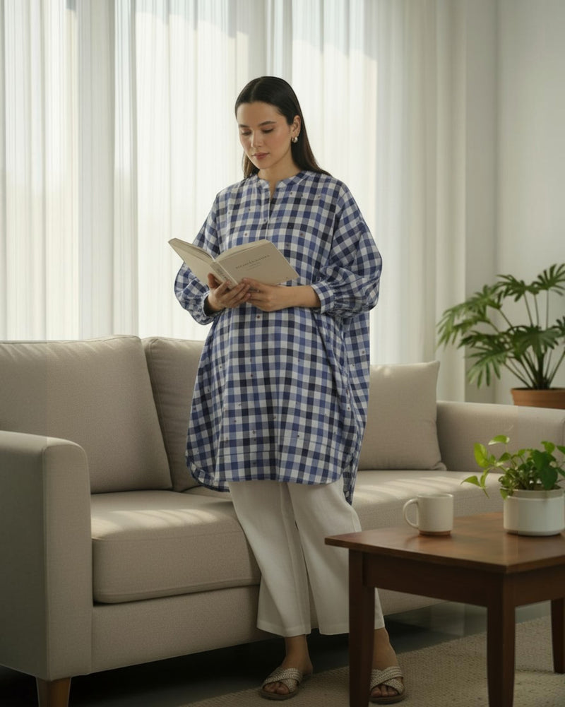 Gingham Balloon Oversized Cotton Coord Set – Indigo Checks Print