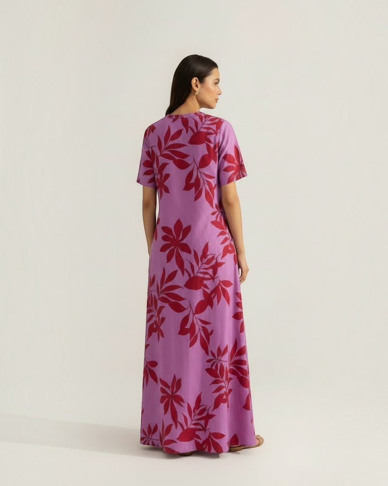 Redscape Long A-line Cotton Dress – Lavender & Red Print