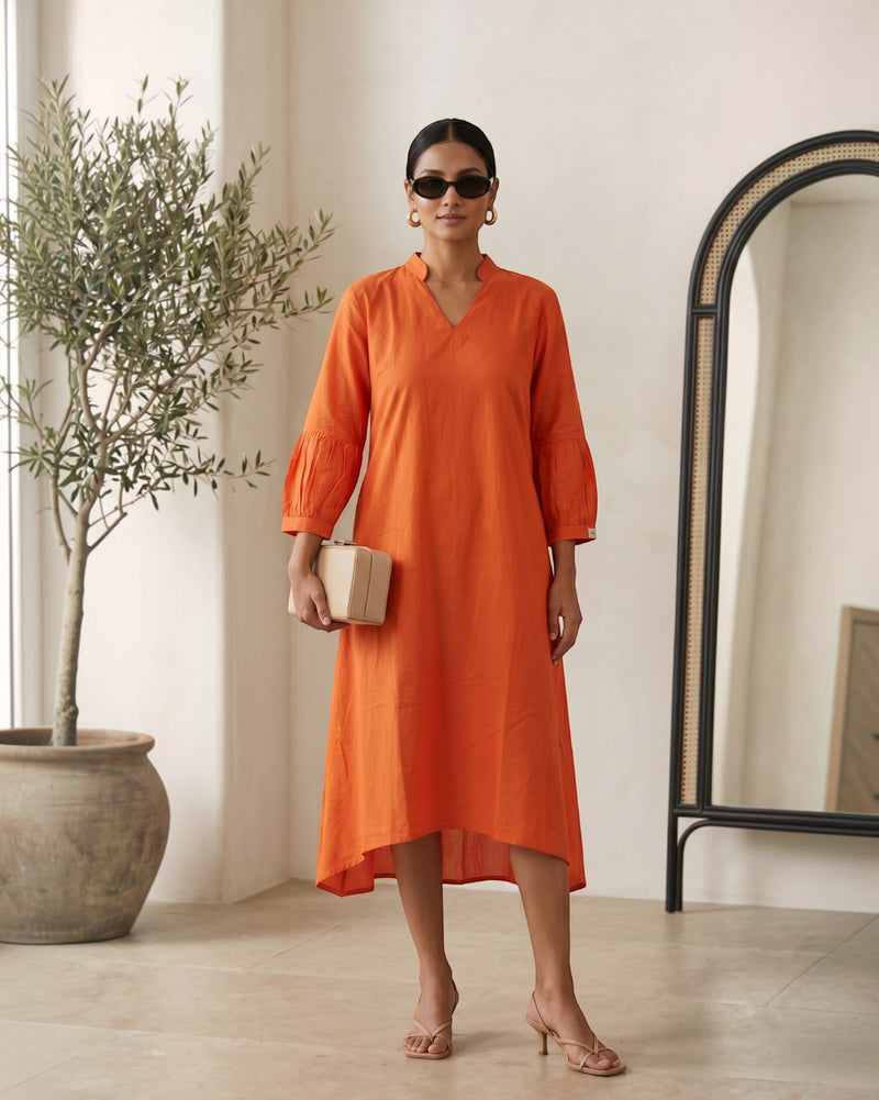 Rustline Midi A-line Cotton Dress - Rust