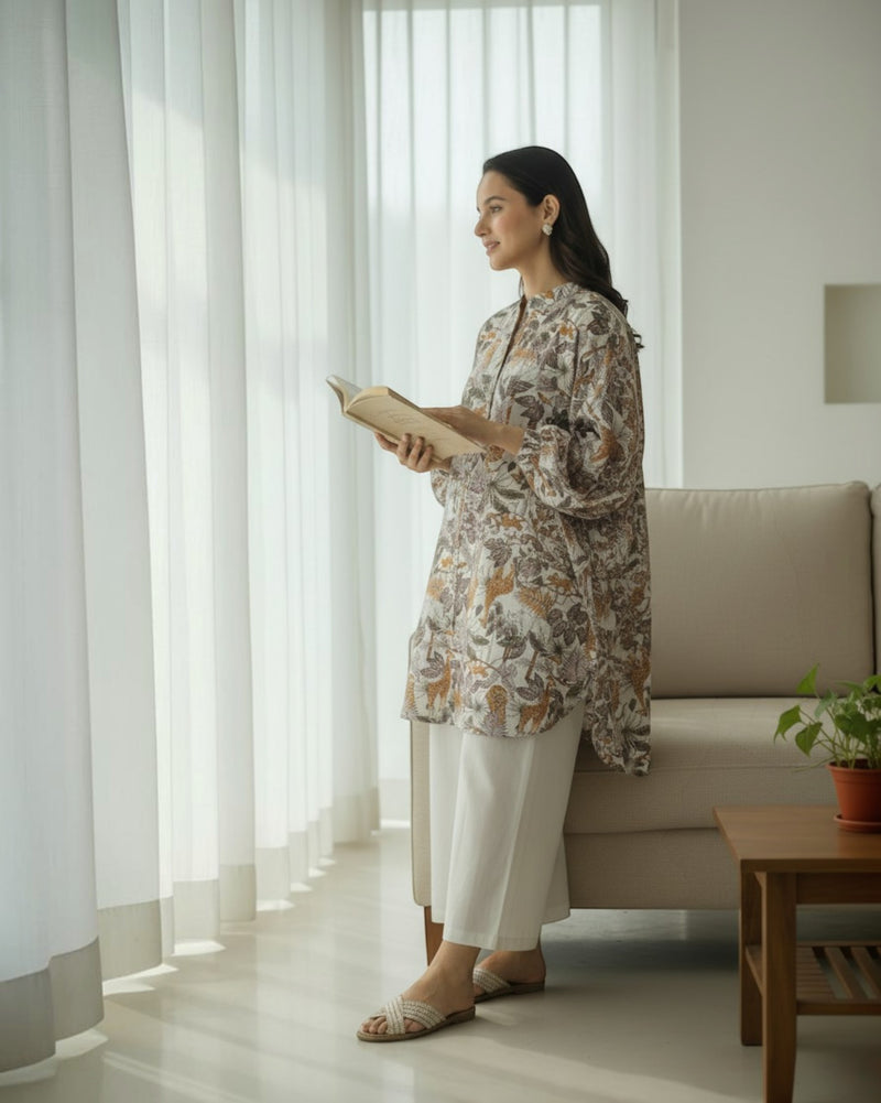 Safari Balloon Oversized Cotton Shirt – Off-White Print