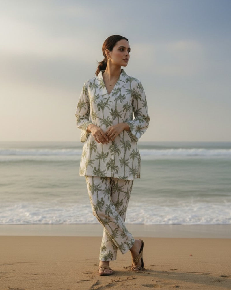 Tropical Mid-Length V-Neck Cotton Kurta Set – White & Olive Print