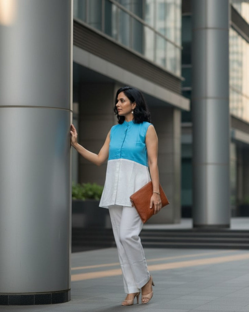 Lagoon ColorBlock Short Sleeveless Cotton Coord Set - White & Cyan