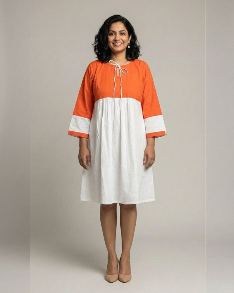 Rustline Colorblock Midi Flared Dress – White & Rust