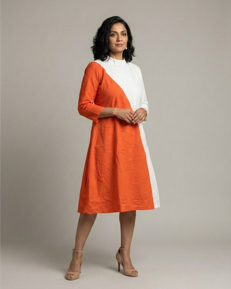 Rustline Colorblock Zipped Midi Flared Dress - White & Rust