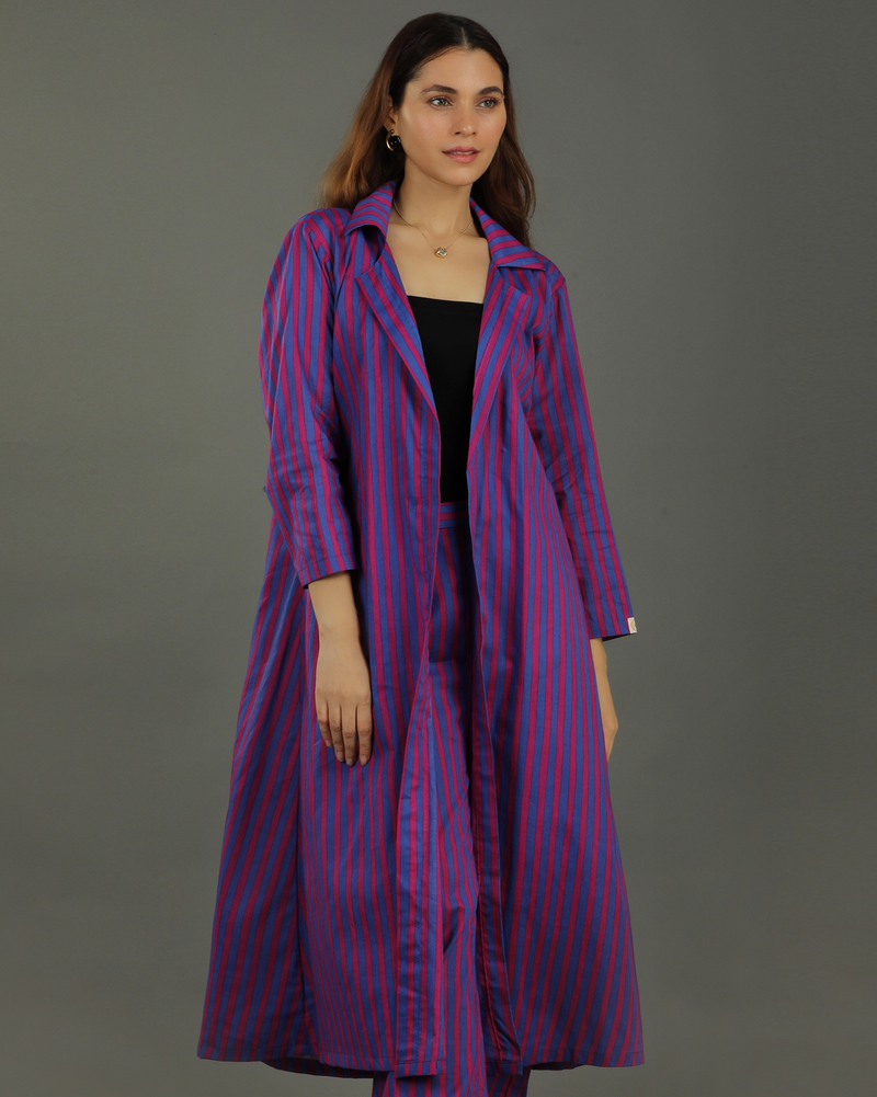 Plum Long Open Cotton Jacket – Magenta Stripes Print