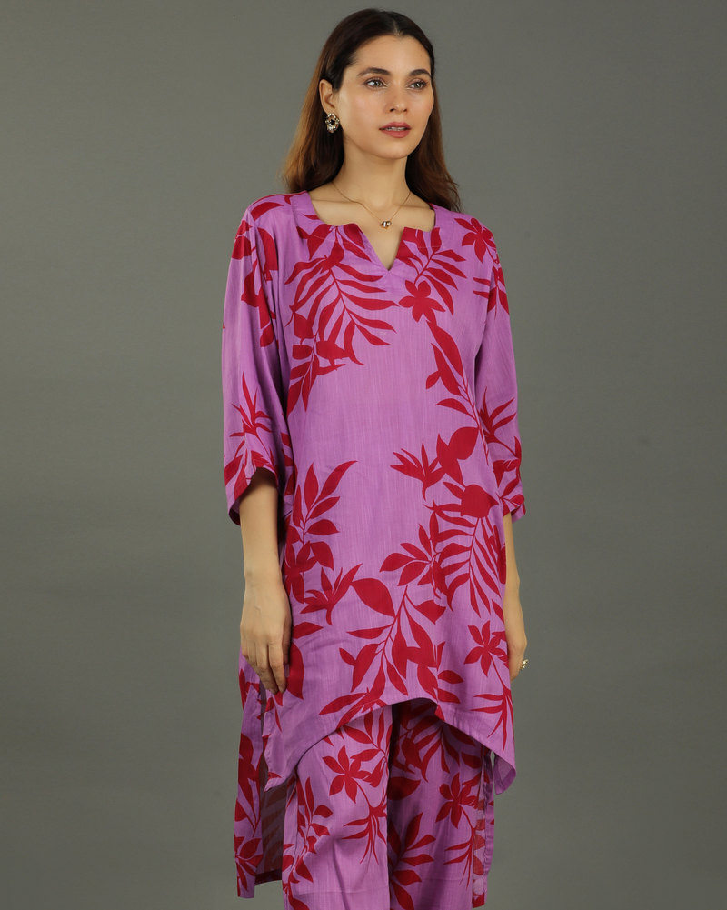Redscape High-Low Cotton Kurta – Lavender & Red Print
