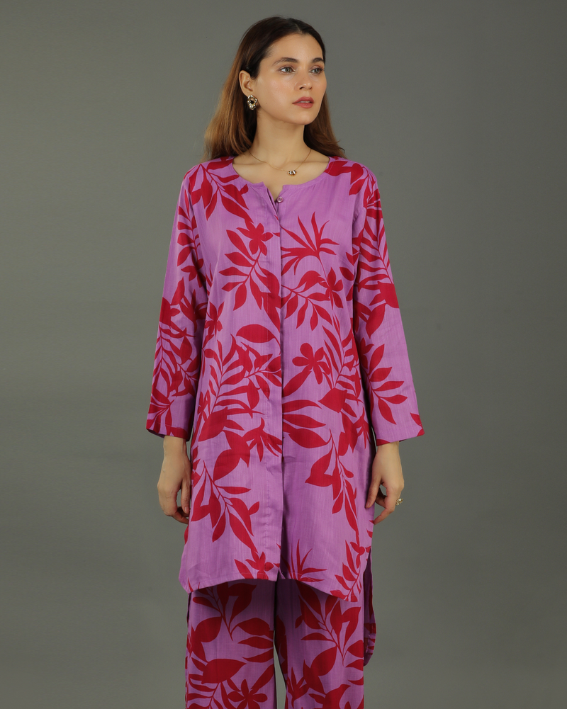Redscape High-Low Front Buttoned Cotton Kurta – Lavender & Red Print