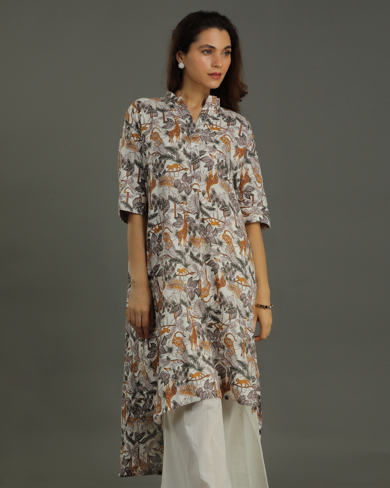 Safari High-Low Cotton Kurta – Off-White Print