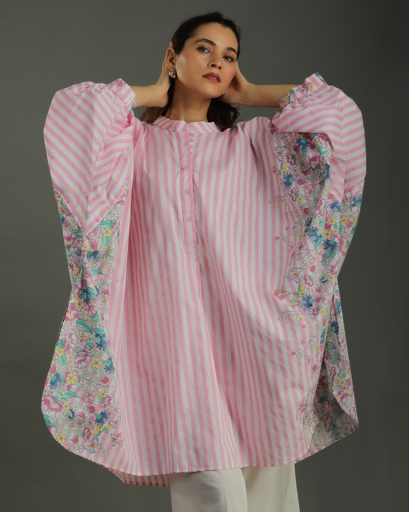 Bloom Balloon Oversized Cotton Shirt – Pink Stripes Print