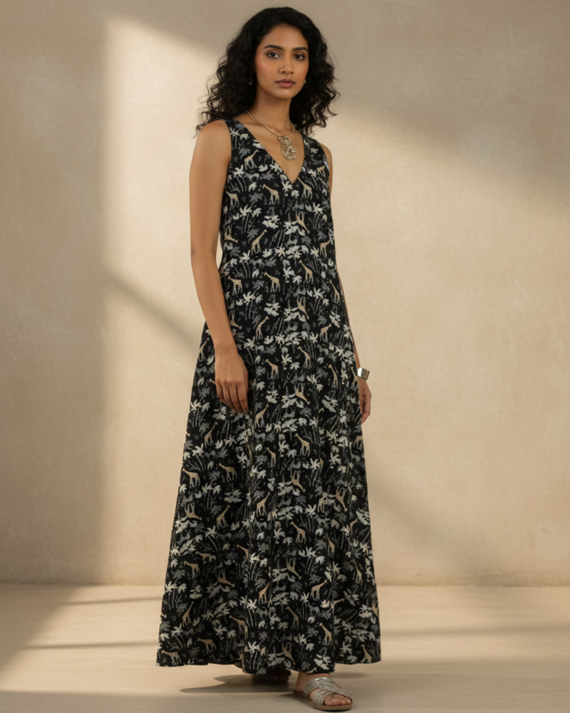 Reverie Long A-line Cotton Dress – Black Print