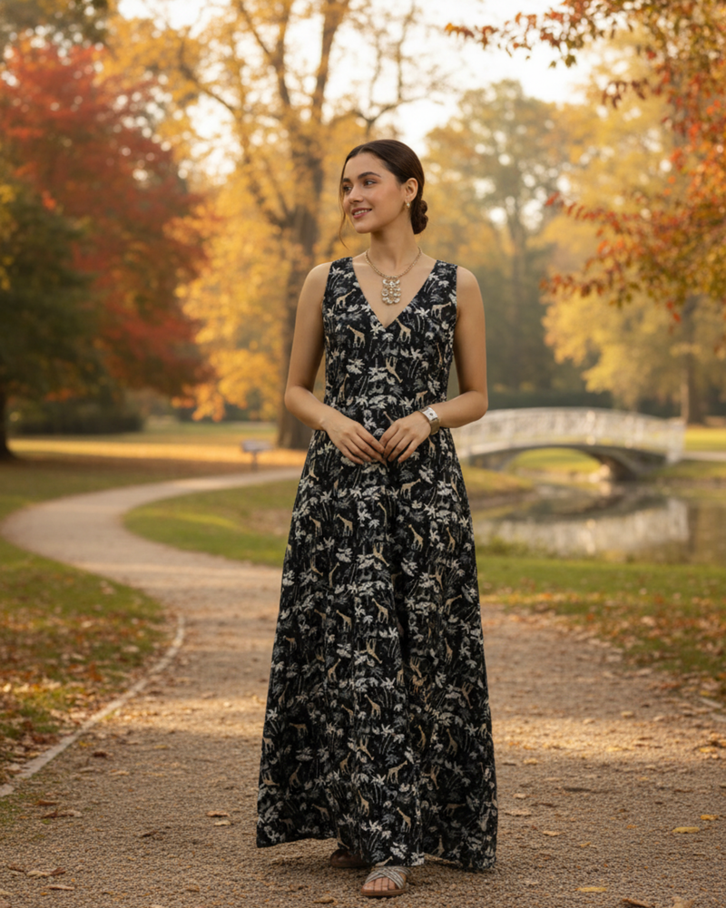Reverie Long A-line Cotton Dress – Black Print