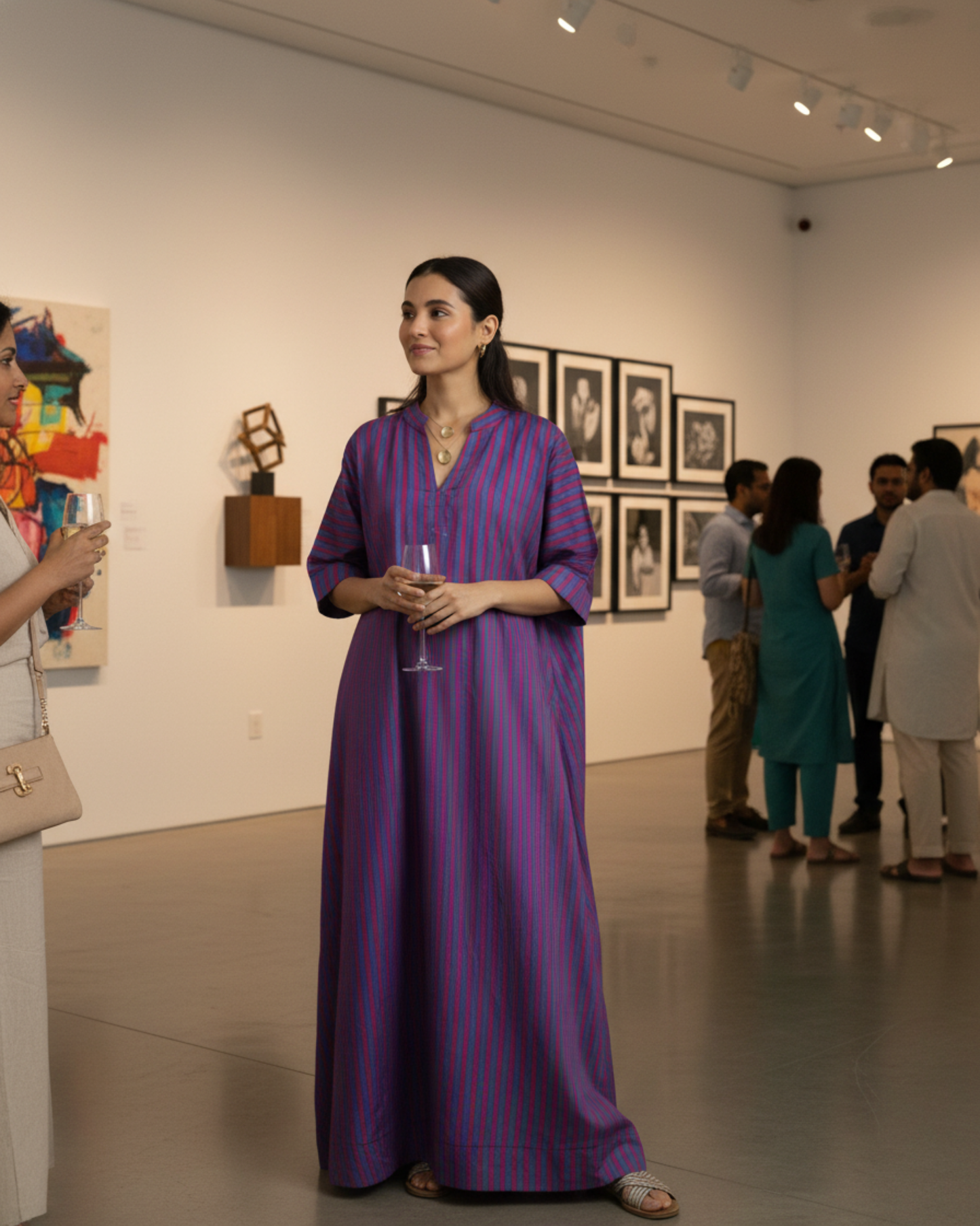 Plum Long A-line Cotton Dress – Magenta Stripes Print