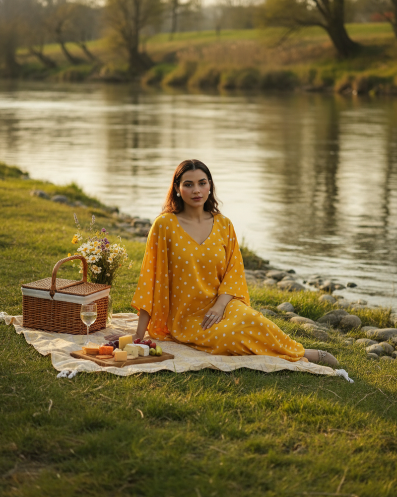 Sunshine Long Cotton Kaftan – Mustard Print