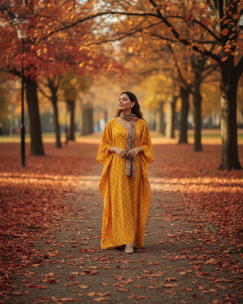 Sunshine Long Cotton Kaftan – Mustard Print