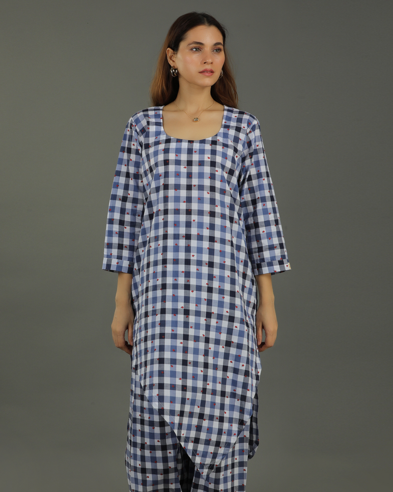 Gingham Long Overlap Cotton Kurta – Indigo Checks Print