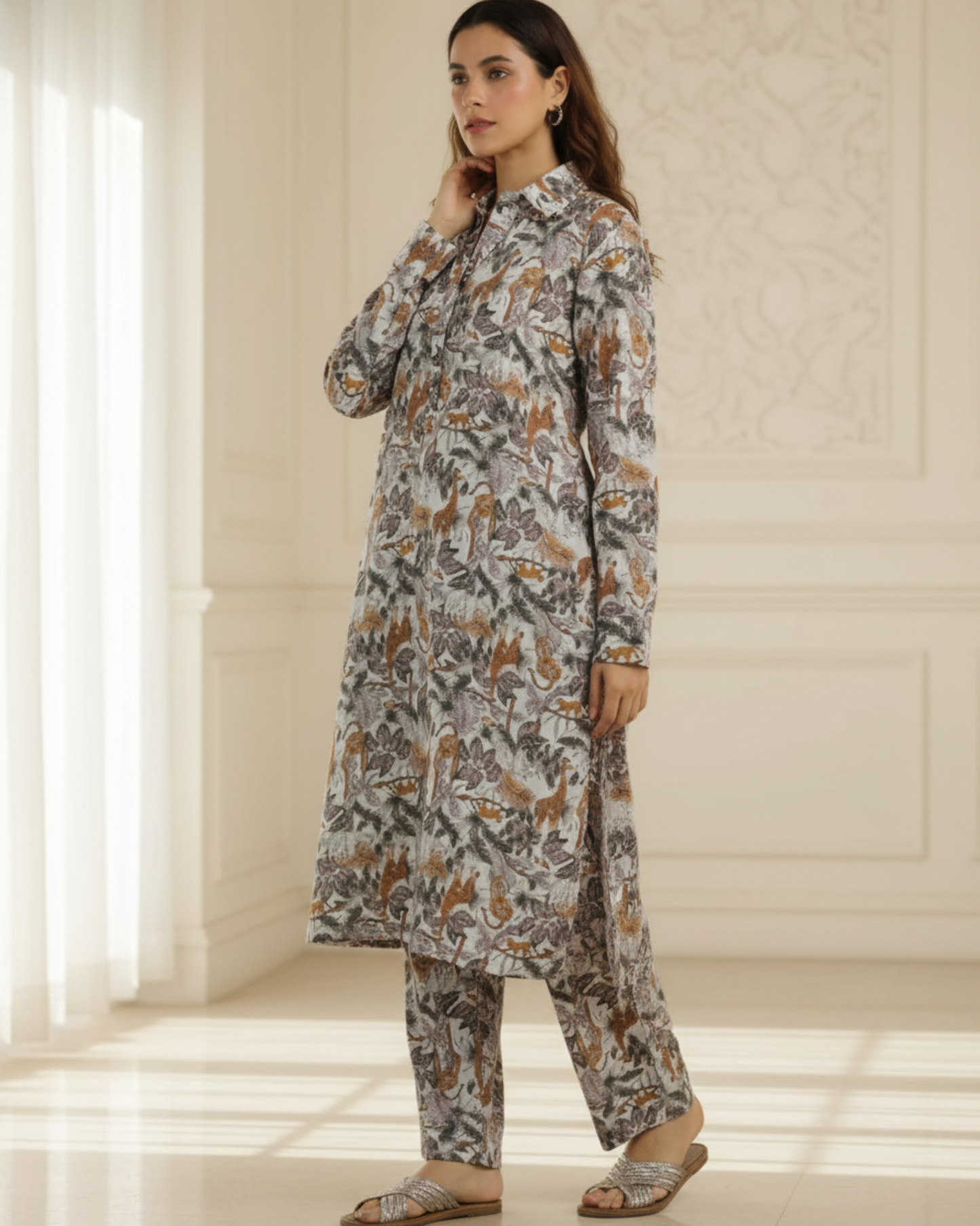 Safari Mid-Length Cotton Kurta – Off-White Print
