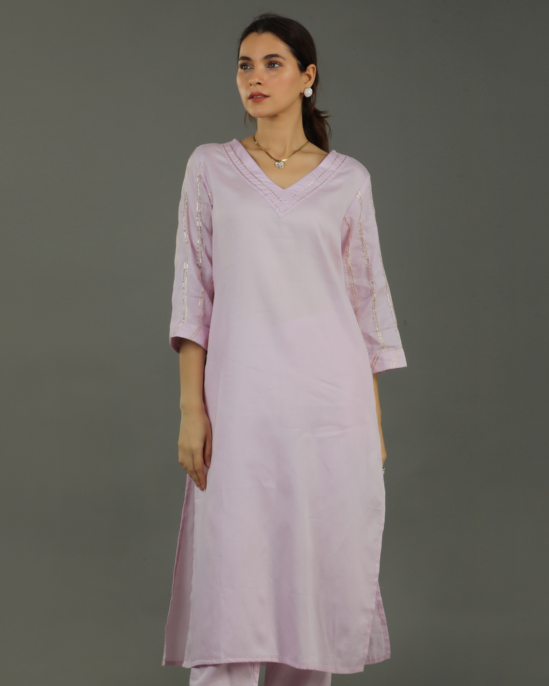 Noor Straight Satin Cotton Kurta – Soft Lavender