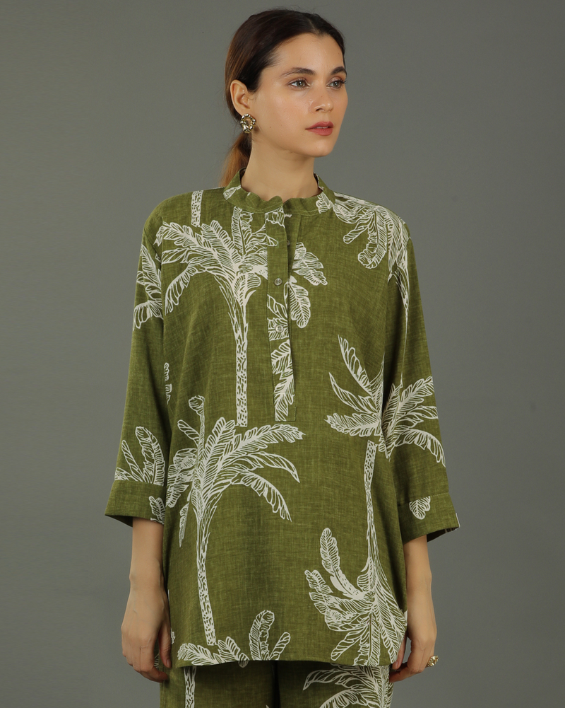 Palm Short Cotton Kurta – Olive Print