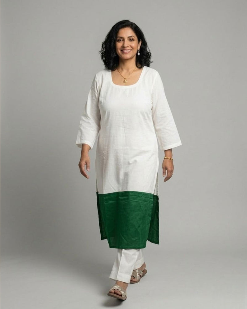 Emerald Hem Cotton Satin Kurta Set - Off-White & Green