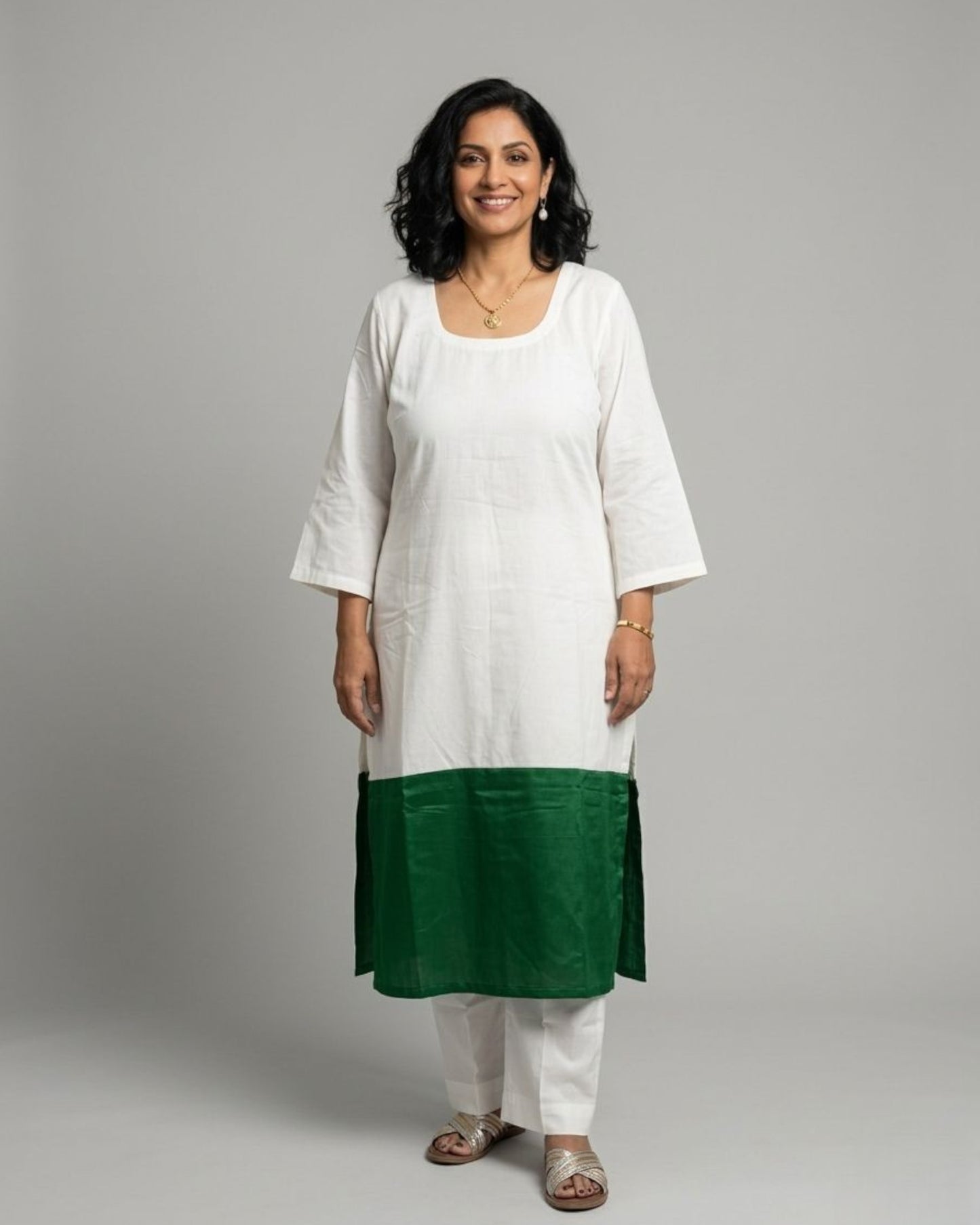 Emerald Hem Cotton Satin Kurta Set - Off-White & Green