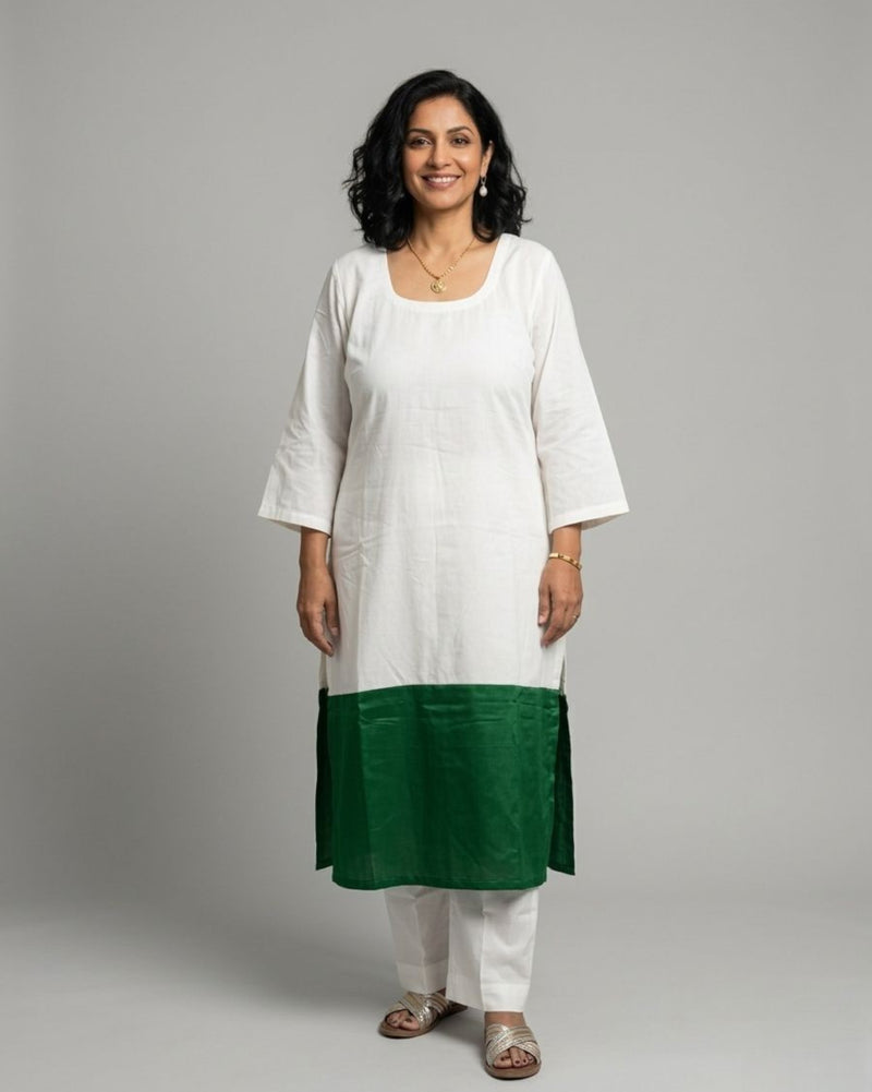 Emerald Hem Cotton Satin Kurta Set - Off-White & Green