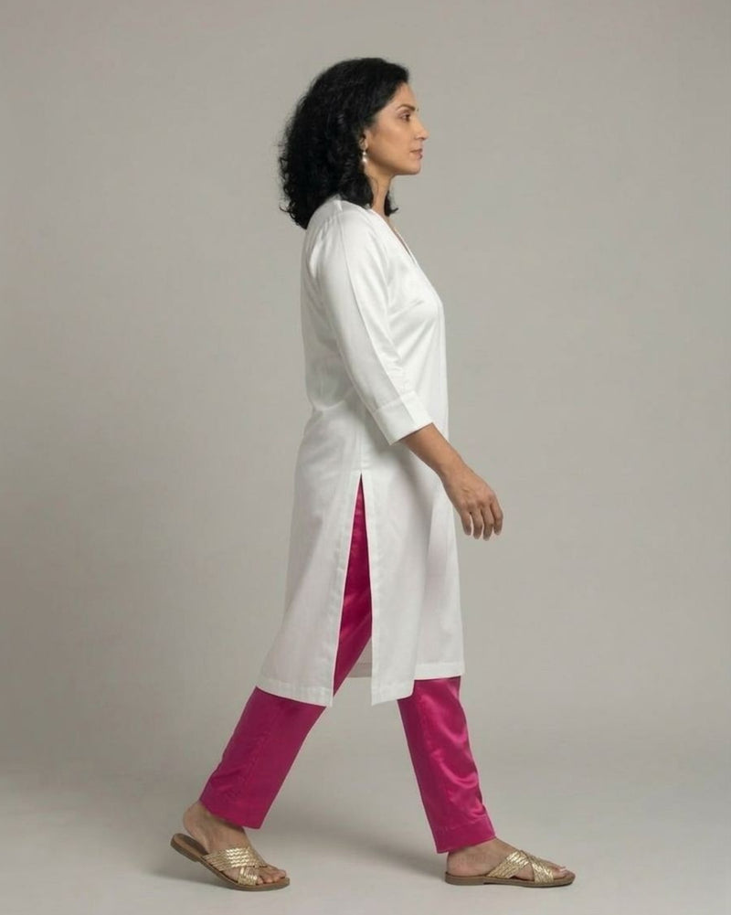 Ivory Cotton Satin Kurta Set with Fuchsia Pants - Off-White