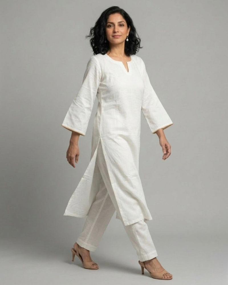 Ivory Cotton Satin Kurta Set with Ivory Pants- Off-White