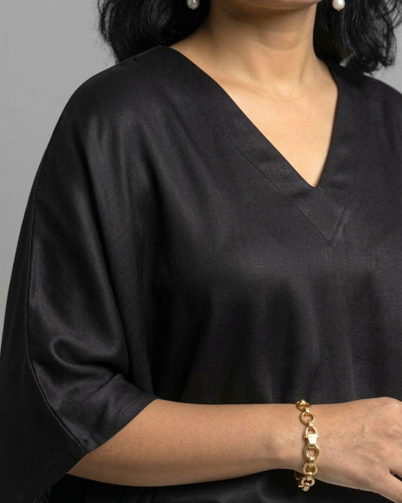 Black Cotton Satin Asymmetric Kaftan Coord Set - Black