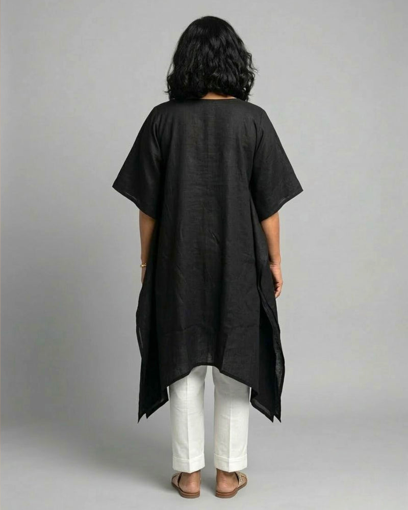 Black Cotton Satin Asymmetric Kaftan Coord Set - Black
