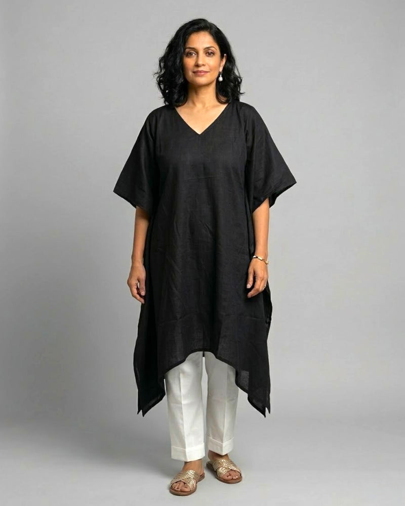 Black Cotton Satin Asymmetric Kaftan Coord Set - Black