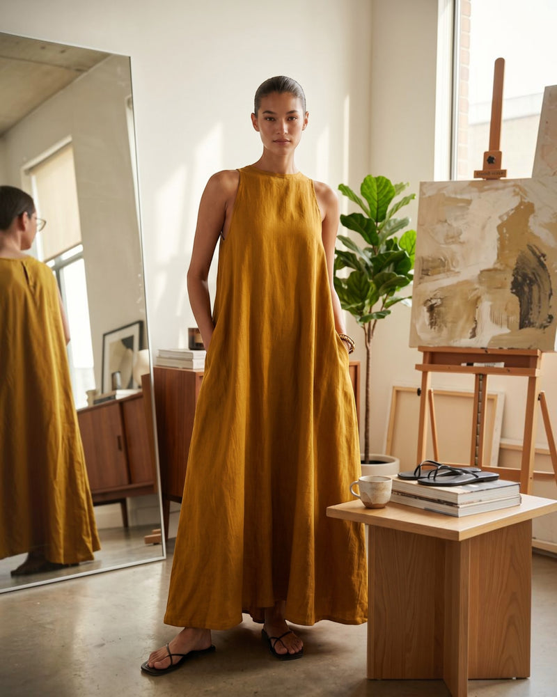Amber Drift Long A-line Cotton Dress – Golden Apricot