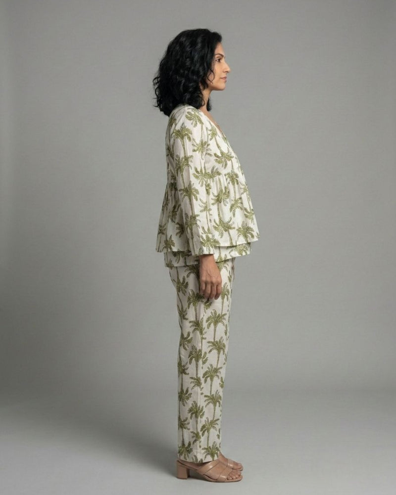 Tropical Short Front Slit Cotton Coord Set – White & Olive Print
