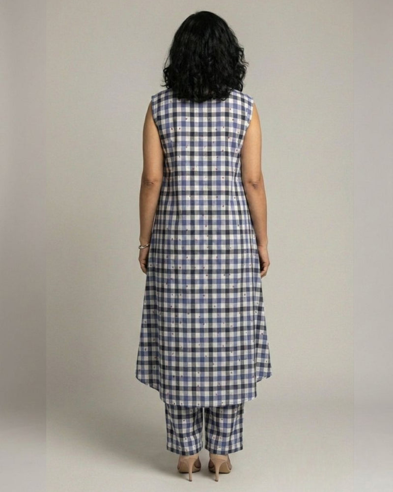 Gingham Long Sleeveless Cotton Kurta Set – Indigo Checks Print