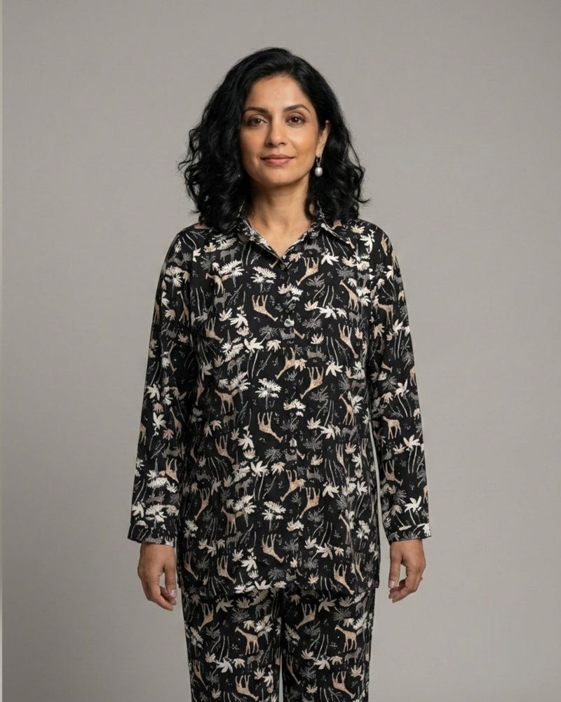 Reverie Short Shirt Cotton Coord Set - Black Print