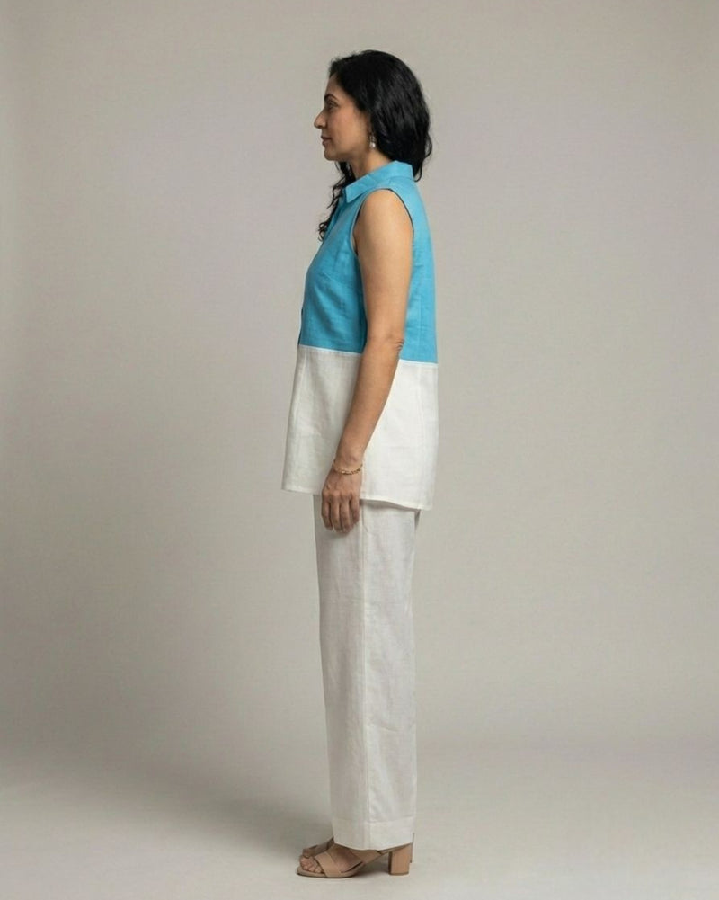 Lagoon ColorBlock Short Sleeveless Cotton Coord Set - White & Cyan