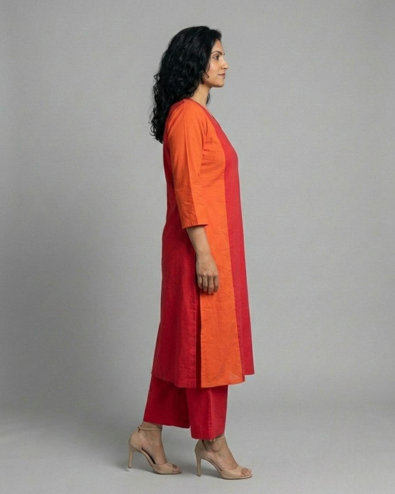 Terracotta ColorBlock Mid-Length Cotton Coord Set- Red & Rust