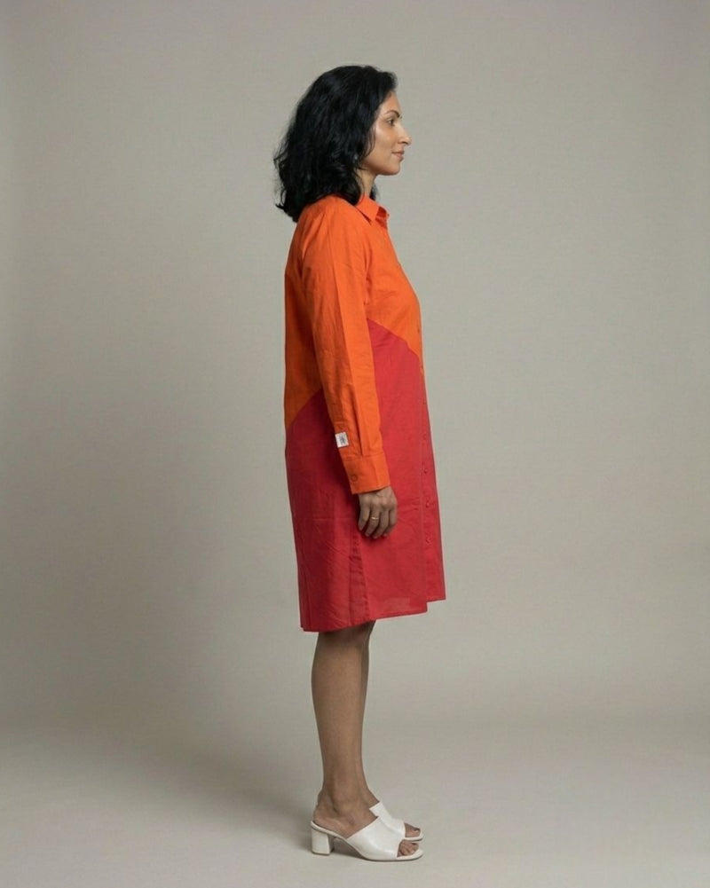 Terracotta Colorblock Short Shirt Cotton Dress - Red & Rust