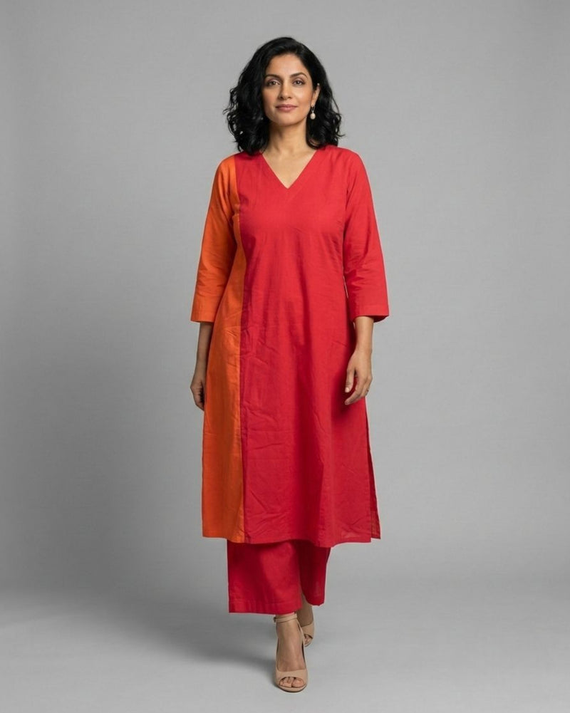 Terracotta ColorBlock Mid-Length Cotton Coord Set- Red & Rust