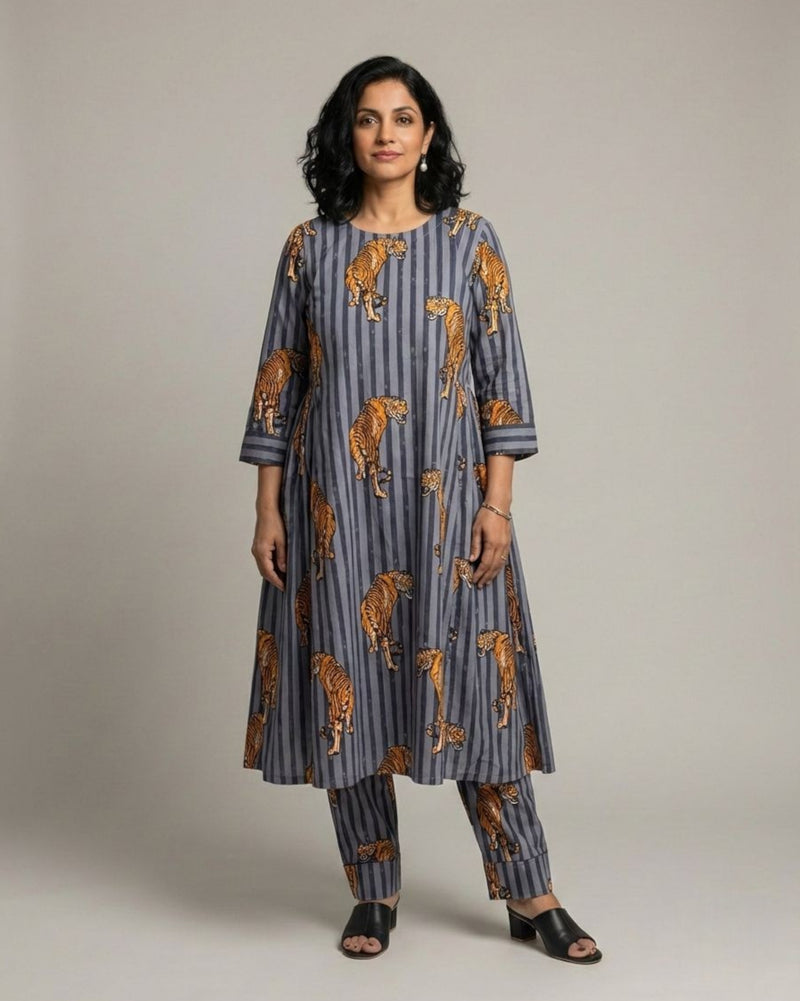 Wildrade Side Pleated Long Cotton Coord Set - Charcoal Tiger Print